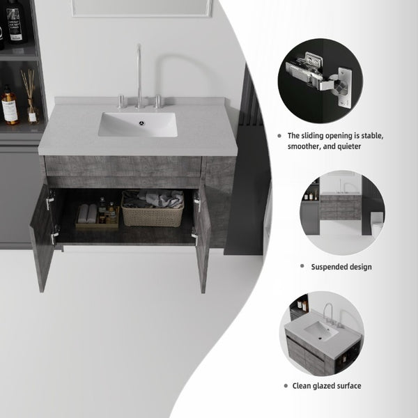 English Elm 36 Inch Floating Bathroom Vanity Plywood Cabinet Cultured Marble Undermount Sink Grey Granite White B2775S00233