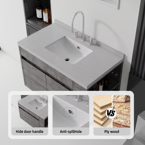 English Elm 36 Inch Floating Bathroom Vanity Plywood Cabinet Cultured Marble Undermount Sink Grey Granite White B2775S00233