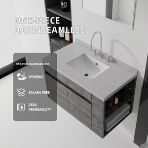 English Elm 36 Inch Floating Bathroom Vanity Plywood Cabinet Cultured Marble Undermount Sink Grey Granite White B2775S00233