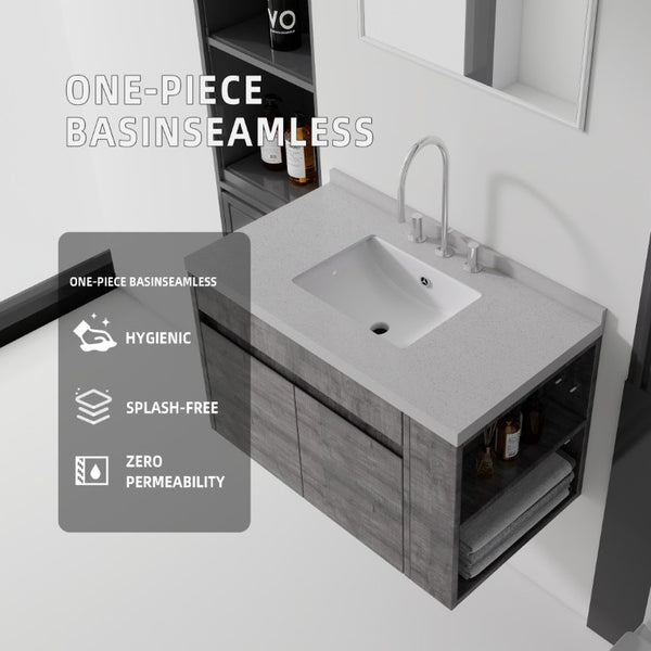 English Elm 36 Inch Floating Bathroom Vanity Plywood Cabinet Cultured Marble Undermount Sink Grey Granite White B2775S00233