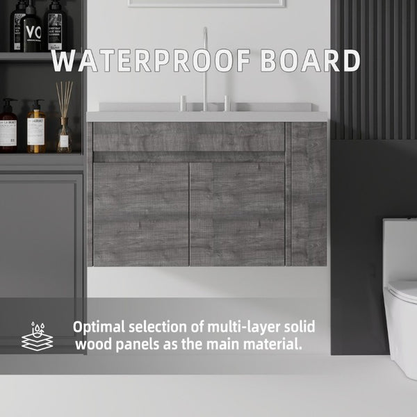 English Elm 36 Inch Floating Bathroom Vanity Plywood Cabinet Cultured Marble Undermount Sink Grey Granite White B2775S00233