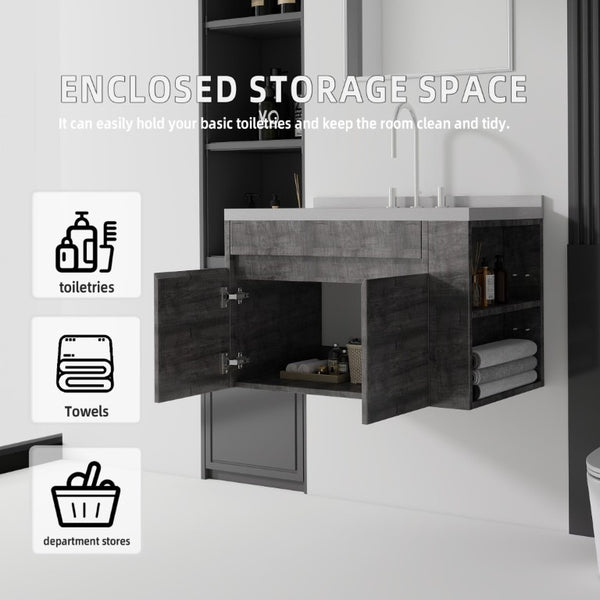 English Elm 36 Inch Floating Bathroom Vanity Plywood Cabinet Cultured Marble Undermount Sink Grey Granite White B2775S00233