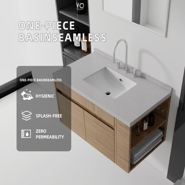 English Elm 36 Inch Floating Bathroom Vanity Plywood Cabinet Cultured Marble Undermount Sink Oak Granite White B2775S00234