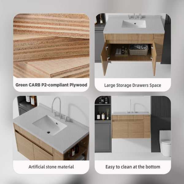 English Elm 36 Inch Floating Bathroom Vanity Plywood Cabinet Cultured Marble Undermount Sink Oak Granite White B2775S00234