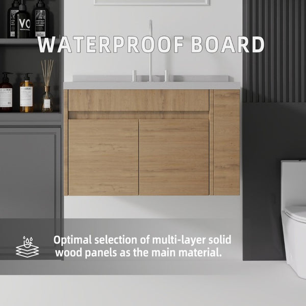 English Elm 36 Inch Floating Bathroom Vanity Plywood Cabinet Cultured Marble Undermount Sink Oak Granite White B2775S00234