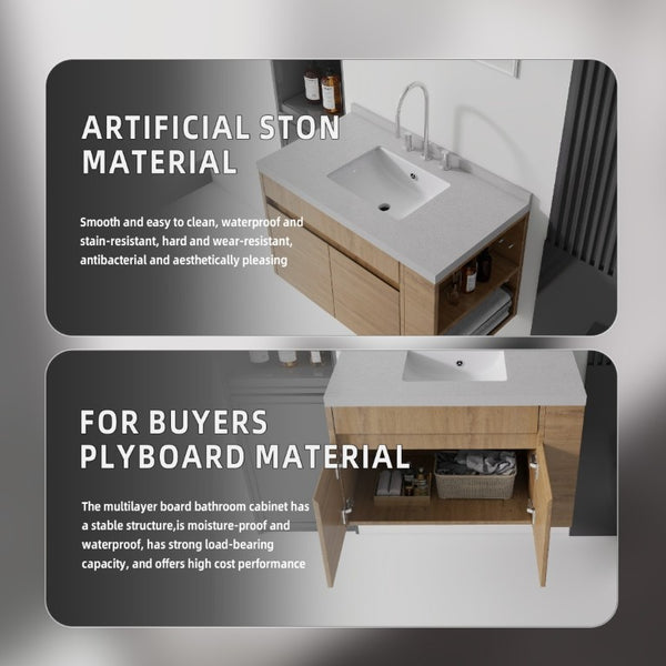 English Elm 36 Inch Floating Bathroom Vanity Plywood Cabinet Cultured Marble Undermount Sink Oak Granite White B2775S00234