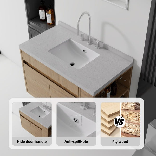 English Elm 36 Inch Floating Bathroom Vanity Plywood Cabinet Cultured Marble Undermount Sink Oak Granite White B2775S00234