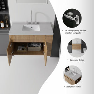 English Elm 36 Inch Floating Bathroom Vanity Plywood Cabinet Cultured Marble Undermount Sink Oak Granite White B2775S00234