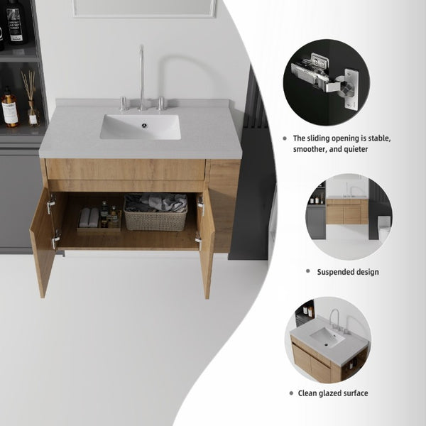 English Elm 36 Inch Floating Bathroom Vanity Plywood Cabinet Cultured Marble Undermount Sink Oak Granite White B2775S00234