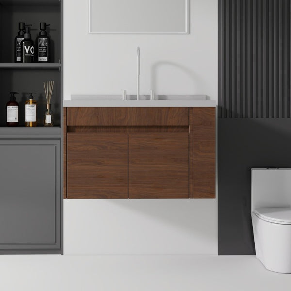 English Elm 36 Inch Floating Bathroom Vanity Plywood Cabinet Cultured Marble Undermount Sink Brown Granite White B2775S00235