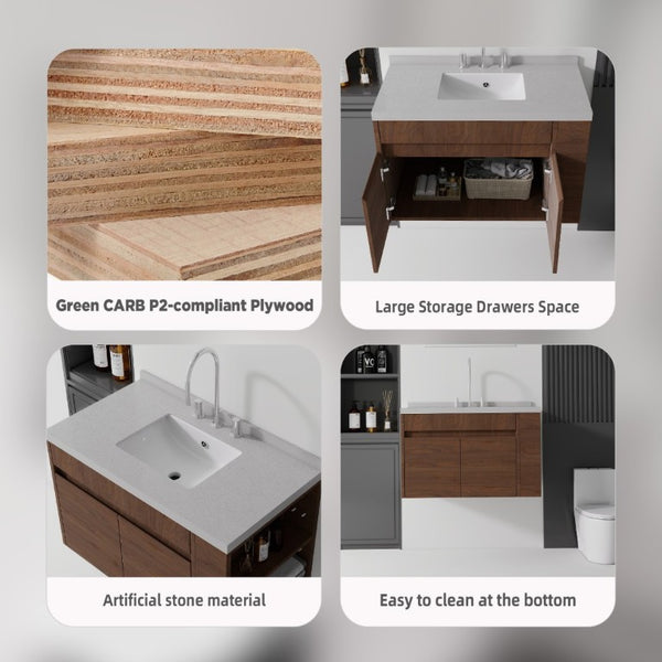 English Elm 36 Inch Floating Bathroom Vanity Plywood Cabinet Cultured Marble Undermount Sink Brown Granite White B2775S00235