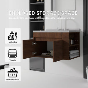 English Elm 36 Inch Floating Bathroom Vanity Plywood Cabinet Cultured Marble Undermount Sink Brown Granite White B2775S00235