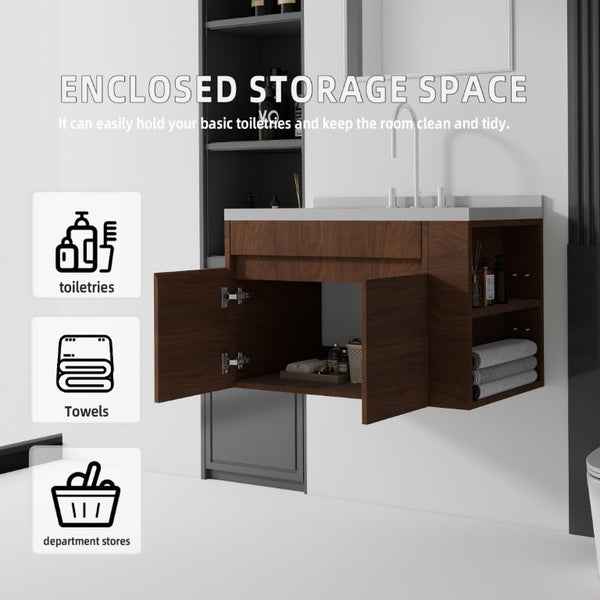 English Elm 36 Inch Floating Bathroom Vanity Plywood Cabinet Cultured Marble Undermount Sink Brown Granite White B2775S00235