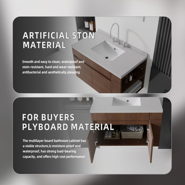 English Elm 36 Inch Floating Bathroom Vanity Plywood Cabinet Cultured Marble Undermount Sink Brown Granite White B2775S00235