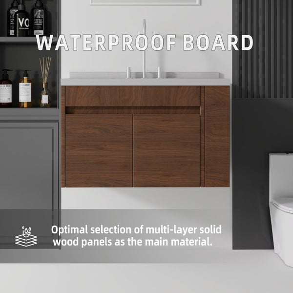 English Elm 36 Inch Floating Bathroom Vanity Plywood Cabinet Cultured Marble Undermount Sink Brown Granite White B2775S00235