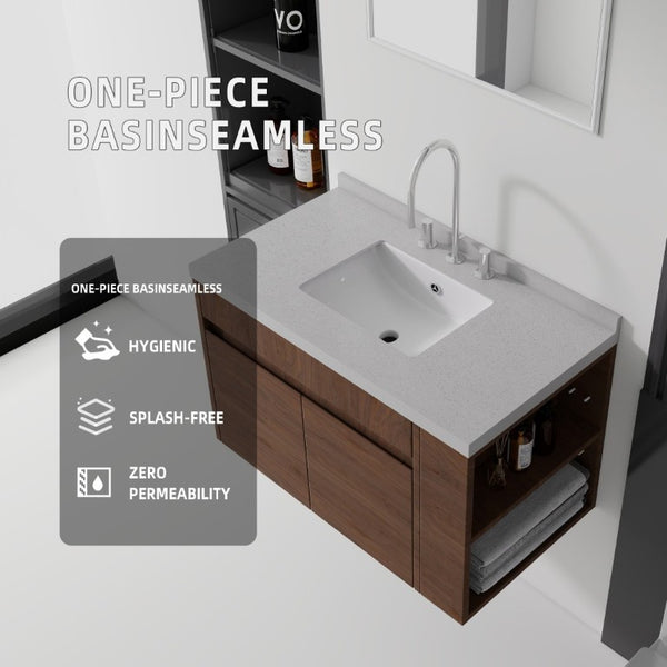 English Elm 36 Inch Floating Bathroom Vanity Plywood Cabinet Cultured Marble Undermount Sink Brown Granite White B2775S00235