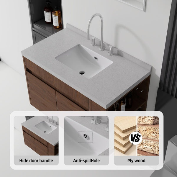 English Elm 36 Inch Floating Bathroom Vanity Plywood Cabinet Cultured Marble Undermount Sink Brown Granite White B2775S00235