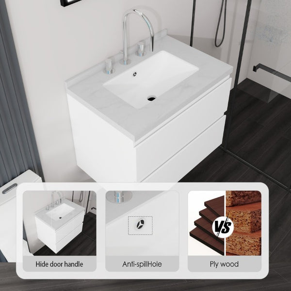 English Elm 24 Inch Floating Bathroom Vanity with Cultured Marble Top Soft Close Drawer Undermount Sink White Carrara White B2775S00246