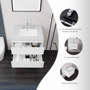 English Elm 24 Inch Floating Bathroom Vanity with Cultured Marble Top Soft Close Drawer Undermount Sink White Carrara White B2775S00246