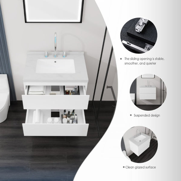 English Elm 24 Inch Floating Bathroom Vanity with Cultured Marble Top Soft Close Drawer Undermount Sink White Carrara White B2775S00246