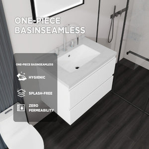 English Elm 24 Inch Floating Bathroom Vanity with Cultured Marble Top Soft Close Drawer Undermount Sink White Carrara White B2775S00246