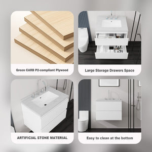 English Elm 24 Inch Floating Bathroom Vanity with Cultured Marble Top Soft Close Drawer Undermount Sink White Carrara White B2775S00246