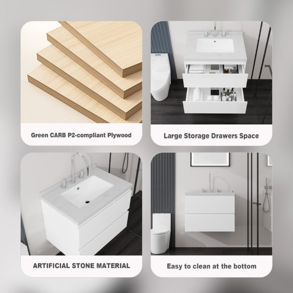 English Elm 24 Inch Floating Bathroom Vanity with Cultured Marble Top Soft Close Drawer Undermount Sink White Carrara White B2775S00246