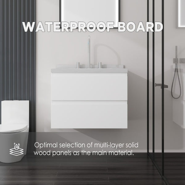 English Elm 24 Inch Floating Bathroom Vanity with Cultured Marble Top Soft Close Drawer Undermount Sink White Carrara White B2775S00246