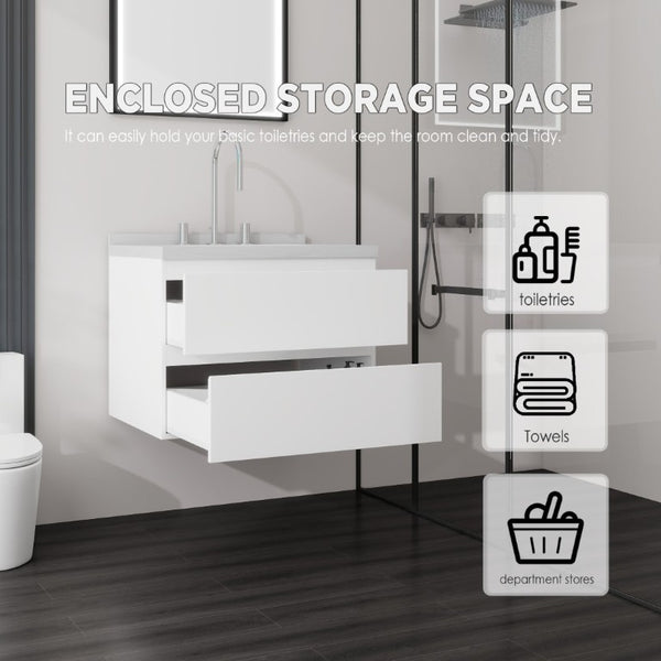 English Elm 24 Inch Floating Bathroom Vanity with Cultured Marble Top Soft Close Drawer Undermount Sink White Carrara White B2775S00246