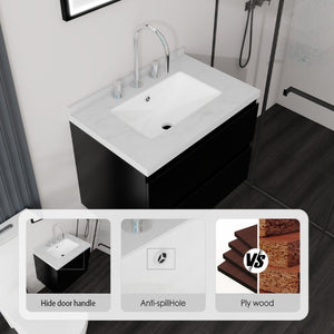 English Elm 24 Inch Floating Bathroom Vanity with Cultured Marble Top Soft Close Drawer Undermount Sink Black Carrara White B2775S00247