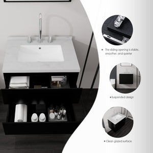 English Elm 24 Inch Floating Bathroom Vanity with Cultured Marble Top Soft Close Drawer Undermount Sink Black Carrara White B2775S00247