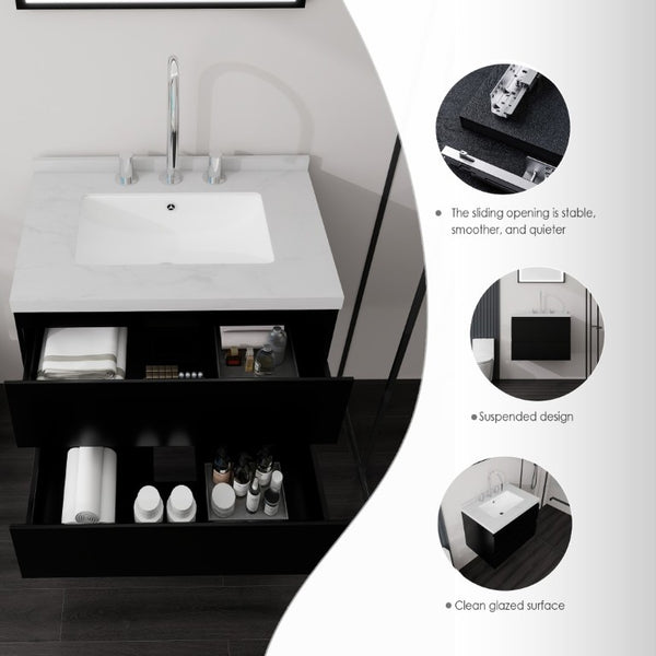 English Elm 24 Inch Floating Bathroom Vanity with Cultured Marble Top Soft Close Drawer Undermount Sink Black Carrara White B2775S00247