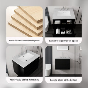 English Elm 24 Inch Floating Bathroom Vanity with Cultured Marble Top Soft Close Drawer Undermount Sink Black Carrara White B2775S00247