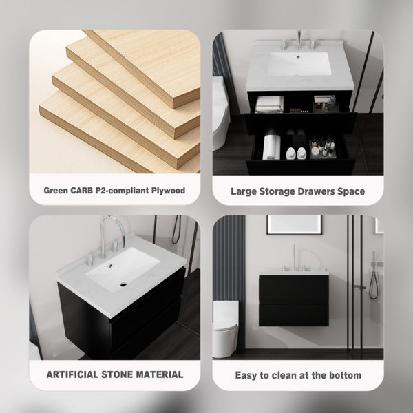 English Elm 24 Inch Floating Bathroom Vanity with Cultured Marble Top Soft Close Drawer Undermount Sink Black Carrara White B2775S00247