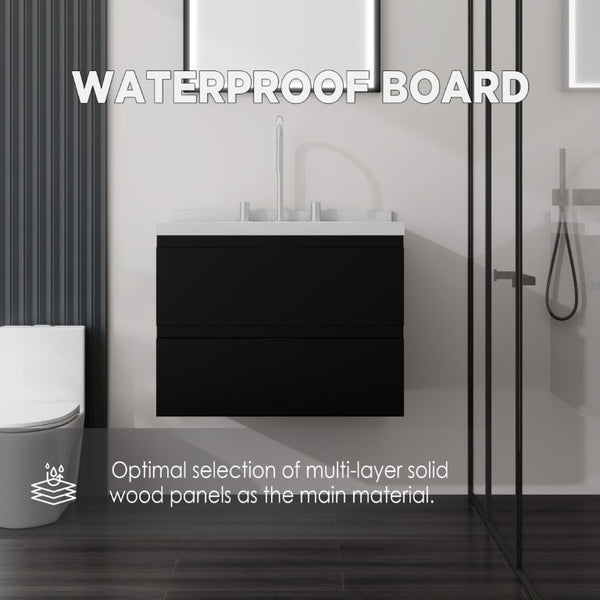 English Elm 24 Inch Floating Bathroom Vanity with Cultured Marble Top Soft Close Drawer Undermount Sink Black Carrara White B2775S00247