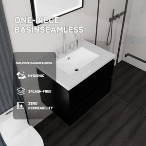 English Elm 24 Inch Floating Bathroom Vanity with Cultured Marble Top Soft Close Drawer Undermount Sink Black Carrara White B2775S00247