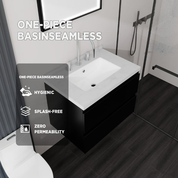 English Elm 24 Inch Floating Bathroom Vanity with Cultured Marble Top Soft Close Drawer Undermount Sink Black Carrara White B2775S00247