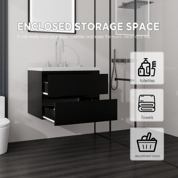 English Elm 24 Inch Floating Bathroom Vanity with Cultured Marble Top Soft Close Drawer Undermount Sink Black Carrara White B2775S00247