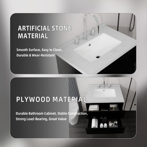 English Elm 24 Inch Floating Bathroom Vanity with Cultured Marble Top Soft Close Drawer Undermount Sink Black Carrara White B2775S00247