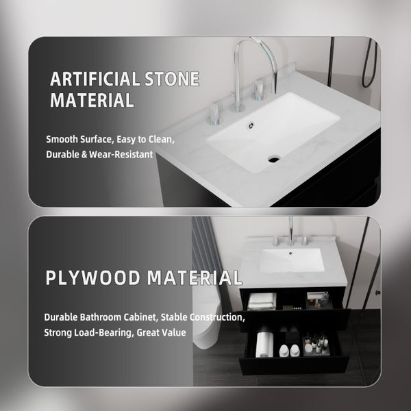 English Elm 24 Inch Floating Bathroom Vanity with Cultured Marble Top Soft Close Drawer Undermount Sink Black Carrara White B2775S00247
