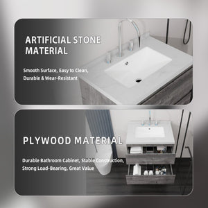 English Elm 24 Inch Floating Bathroom Vanity with Cultured Marble Top Soft Close Drawer Undermount Sink Grey Carrara White B2775S00248