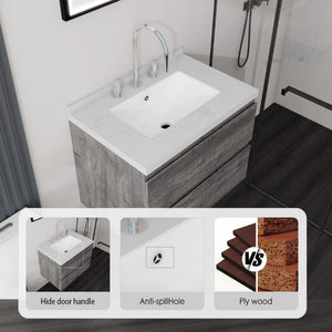 English Elm 24 Inch Floating Bathroom Vanity with Cultured Marble Top Soft Close Drawer Undermount Sink Grey Carrara White B2775S00248