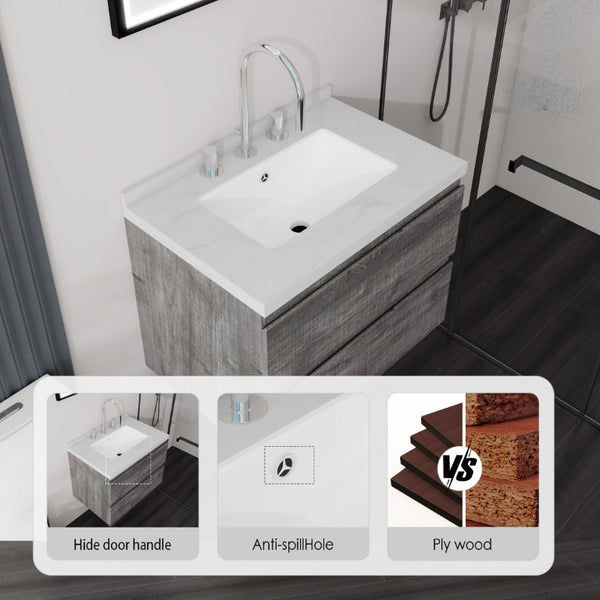 English Elm 24 Inch Floating Bathroom Vanity with Cultured Marble Top Soft Close Drawer Undermount Sink Grey Carrara White B2775S00248