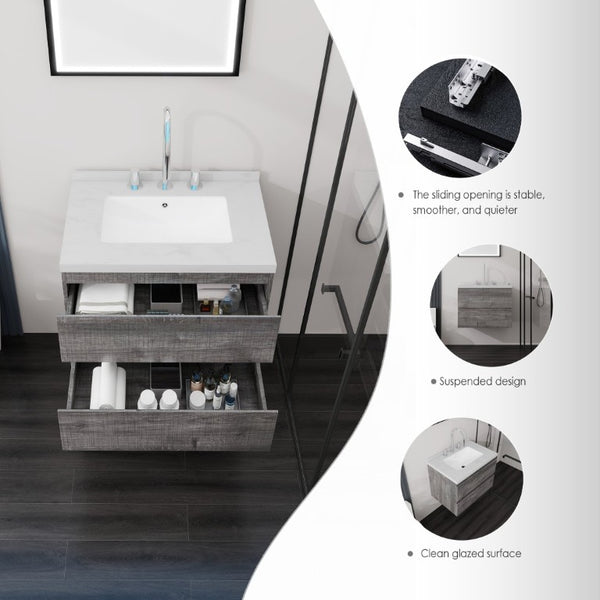 English Elm 24 Inch Floating Bathroom Vanity with Cultured Marble Top Soft Close Drawer Undermount Sink Grey Carrara White B2775S00248