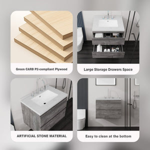 English Elm 24 Inch Floating Bathroom Vanity with Cultured Marble Top Soft Close Drawer Undermount Sink Grey Carrara White B2775S00248