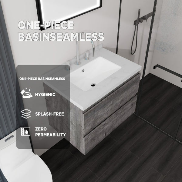 English Elm 24 Inch Floating Bathroom Vanity with Cultured Marble Top Soft Close Drawer Undermount Sink Grey Carrara White B2775S00248