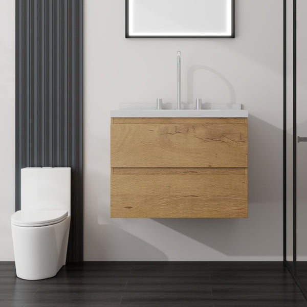 English Elm 24 Inch Floating Bathroom Vanity with Cultured Marble Top Soft Close Drawer Undermount Sink Oak Carrara White B2775S00249