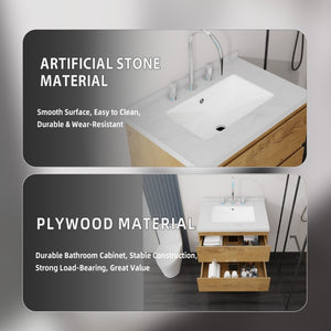 English Elm 24 Inch Floating Bathroom Vanity with Cultured Marble Top Soft Close Drawer Undermount Sink Oak Carrara White B2775S00249