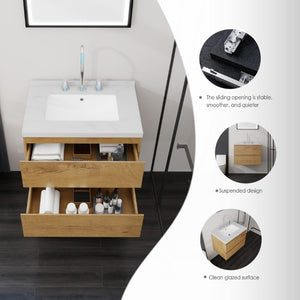 English Elm 24 Inch Floating Bathroom Vanity with Cultured Marble Top Soft Close Drawer Undermount Sink Oak Carrara White B2775S00249