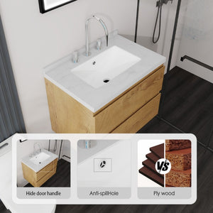 English Elm 24 Inch Floating Bathroom Vanity with Cultured Marble Top Soft Close Drawer Undermount Sink Oak Carrara White B2775S00249